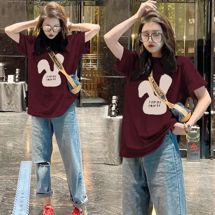 洋气休闲宽松显瘦兔子印花短袖T恤女春夏季新款韩版时尚百搭上衣
