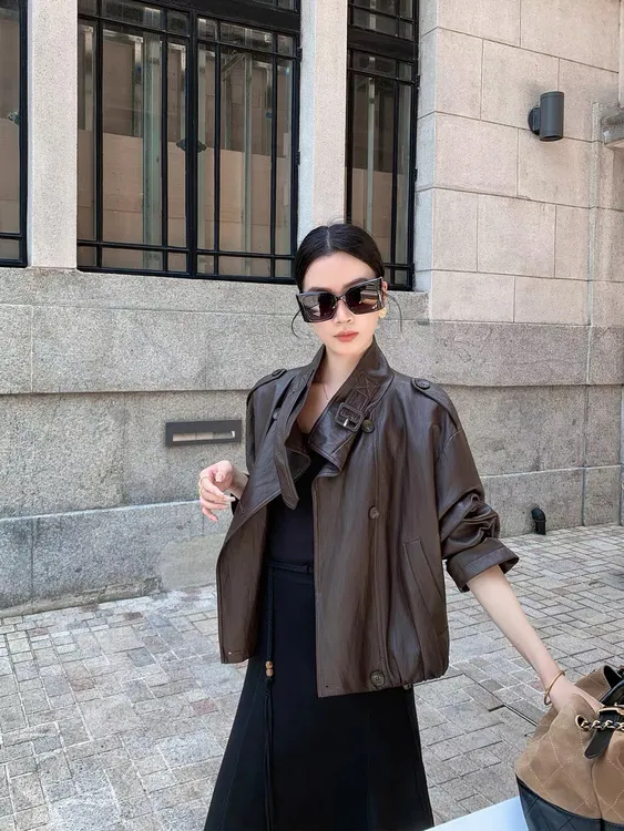 2025复古港风棕色立领气质显瘦PU皮衣女秋宽松休闲皮外套8735