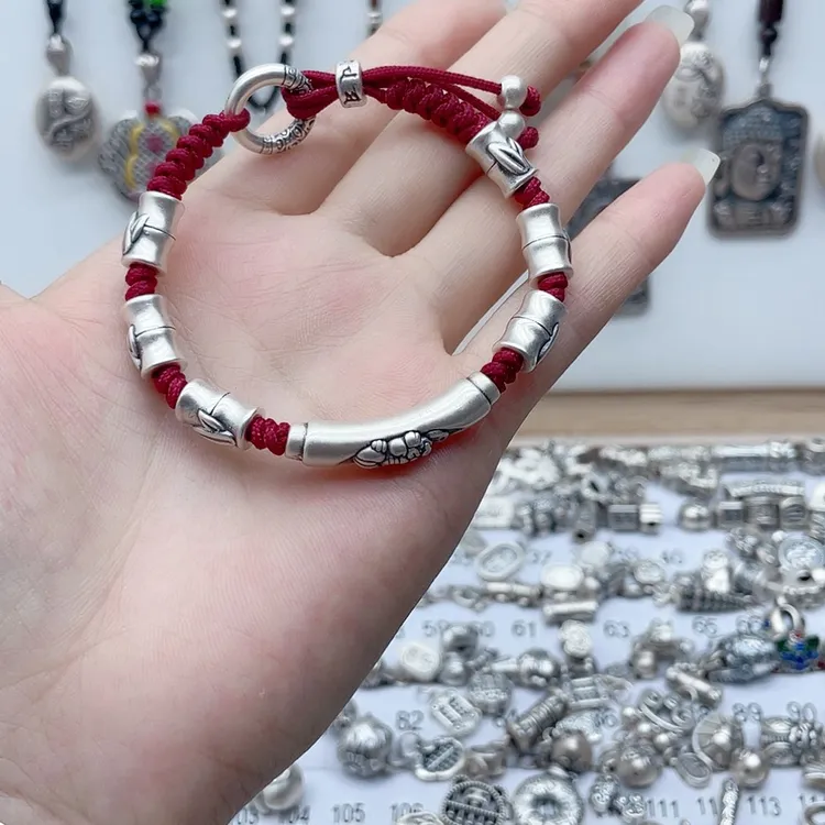 足银手链 足银999吞金兽弯管竹节手链手绳编织情侣手工编绳时尚