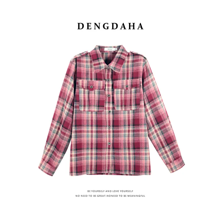 DENGDAHA「时髦艺术生」格纹工装风 肩章设计衬衫上衣HBZXP710077