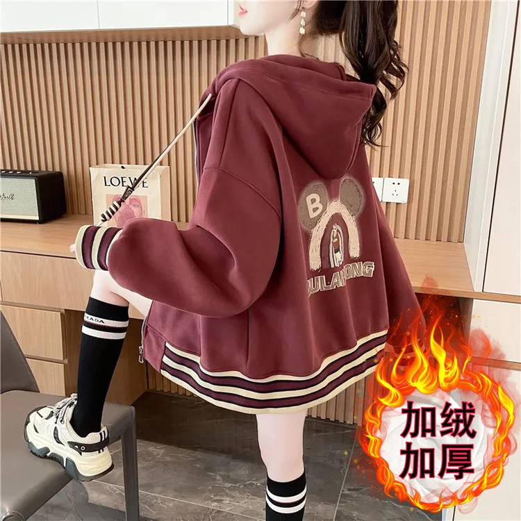 春秋冬新爆款洋气减龄连帽开衫初高中学生潮牌大童女孩加绒短外套