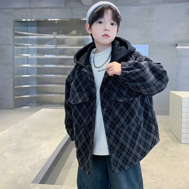男童夹棉外套秋冬款2025新款洋气男孩加厚连帽中大童冬装儿童棉袄