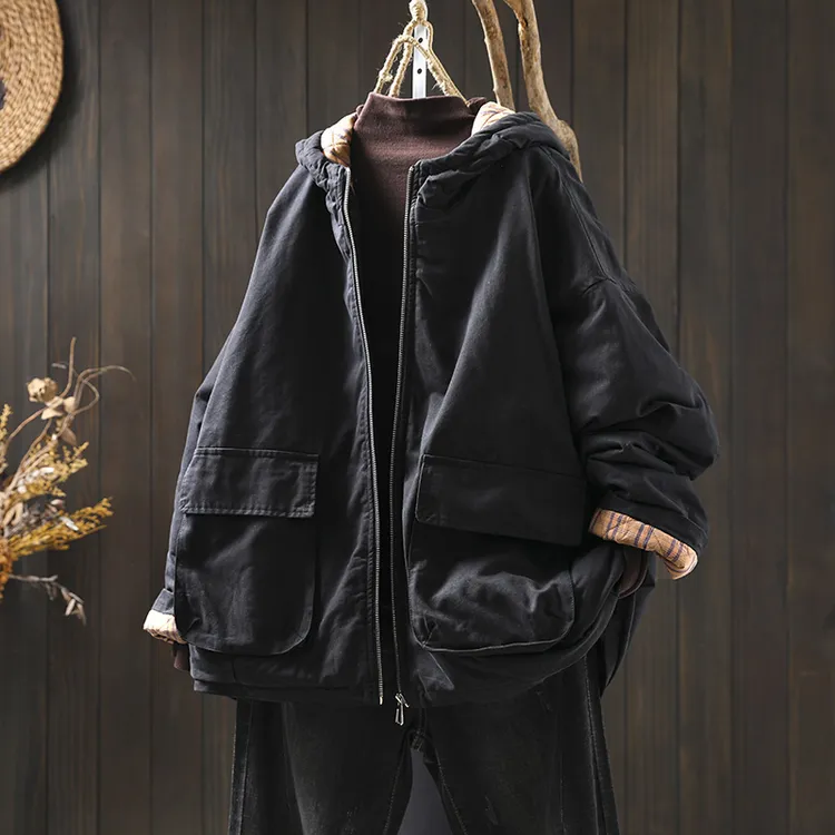 夹棉外套女款2025新款冬季连帽加厚纯棉大码宽松复古休闲棉服上衣