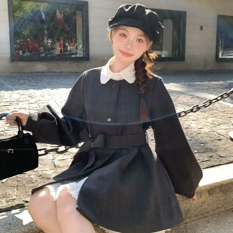 冬季加厚毛呢外套女2025新款宽松显瘦灯笼袖可爱小个子中长款大衣