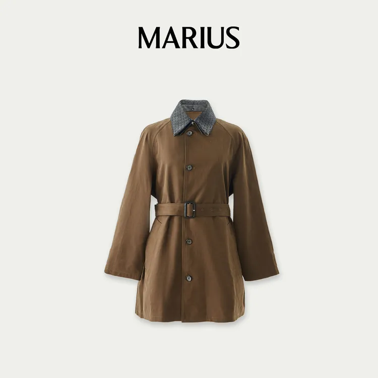 MARIUS“邦德风衣2.0”摩登拼接可拆卸羊皮领撞色休闲中长款风衣秋
