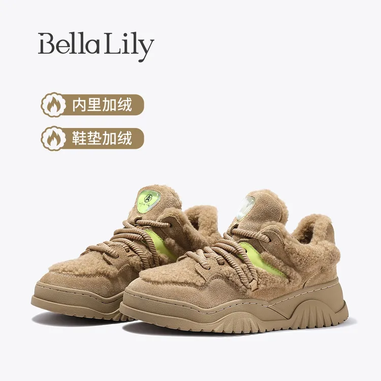 BellaLily2025冬季新款保暖加绒牛皮板鞋女厚底增高毛毛休闲棉鞋
