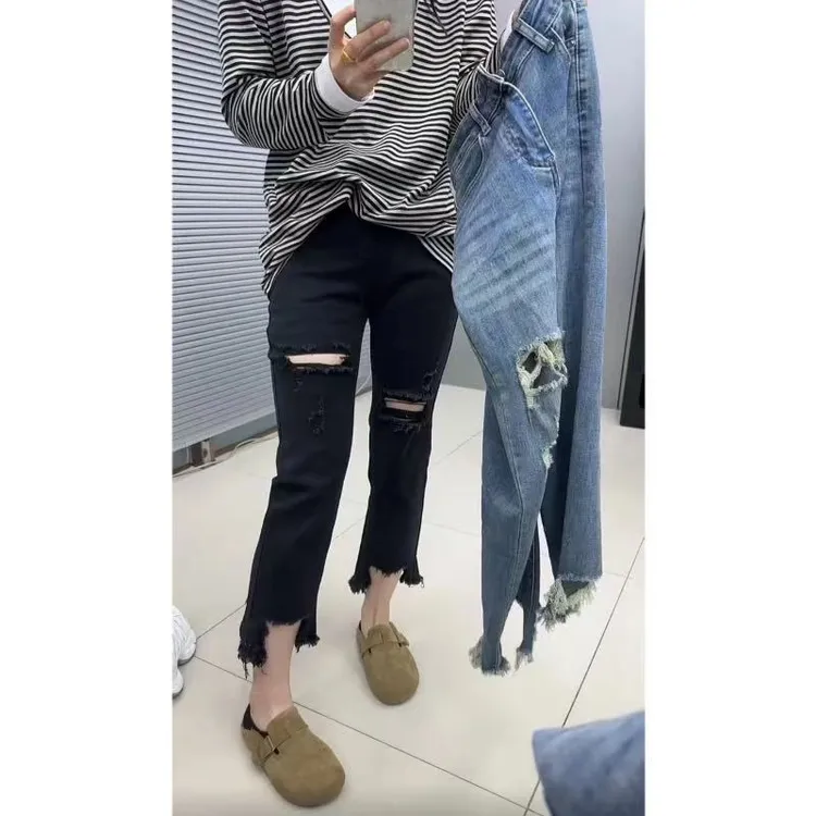 2025春夏新款梨形身材黑色破洞牛仔裤高腰弹力宽松显瘦直筒烟管裤
