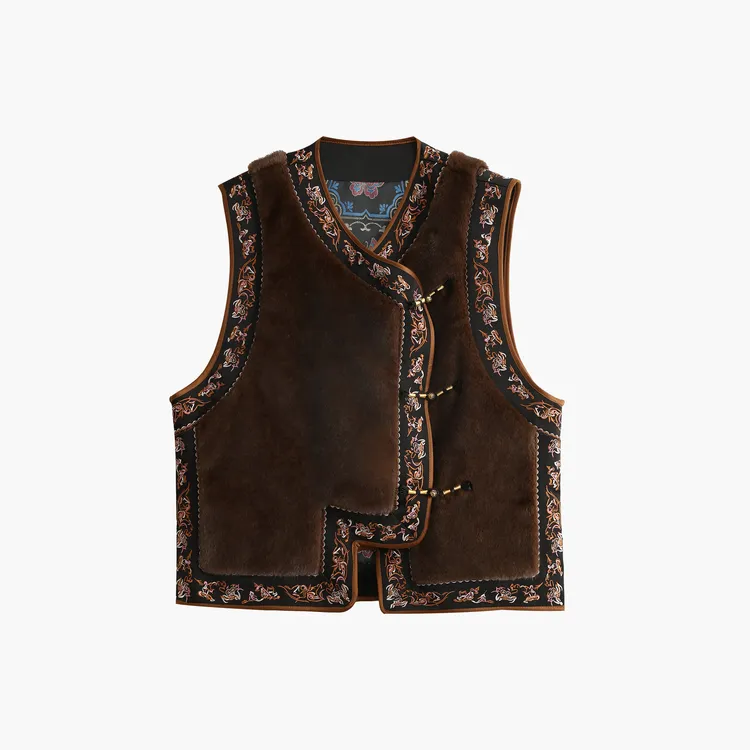 【重工刺绣新中式水貂绒马甲】双面穿水貂绒+庄周梦蝶织锦缎dz352