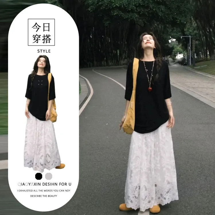 春季温柔风搭配一整套装女韩系宽松黑色T恤白色蕾丝半身裙两件套