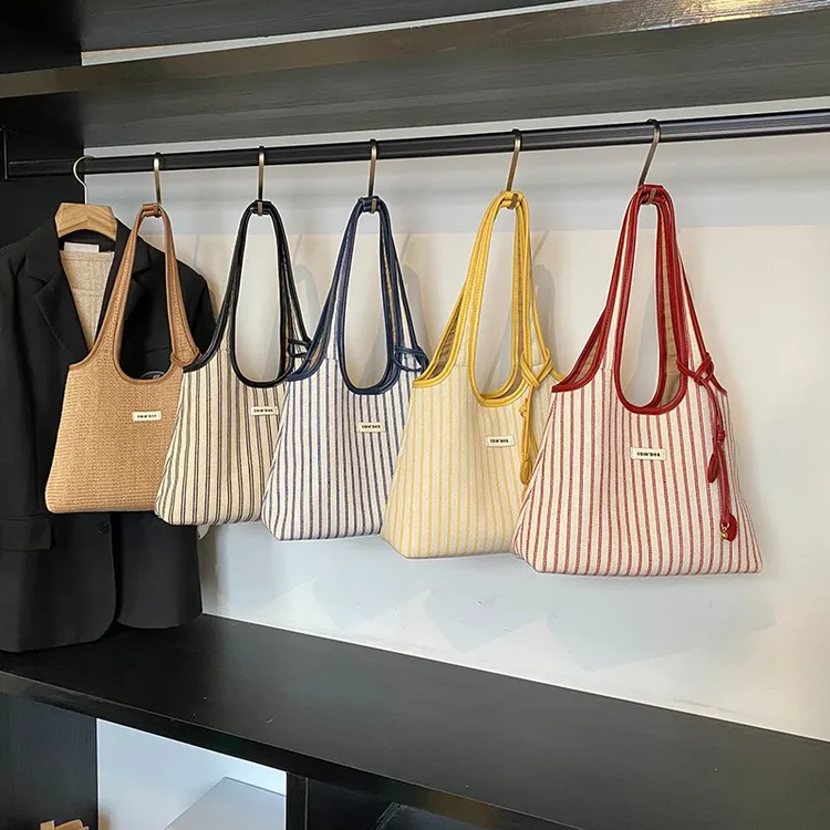 通勤大容量条纹帆布包包女2025新款时尚百搭单肩包外出上班托特包