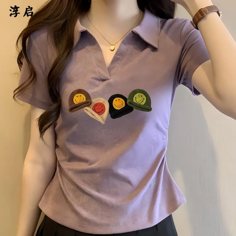 淳启时尚小众设计感印花短袖女夏季新款辣妹修身显瘦短款正肩上衣