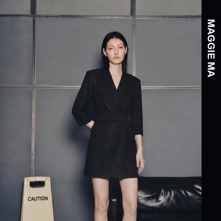 MAGGIE MA马婧设计师款商务收腰翻领连衣裙333D