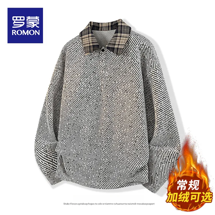罗蒙加绒加厚宽松休闲长袖POLO衫男秋冬季新款潮流复古翻领卫衣男