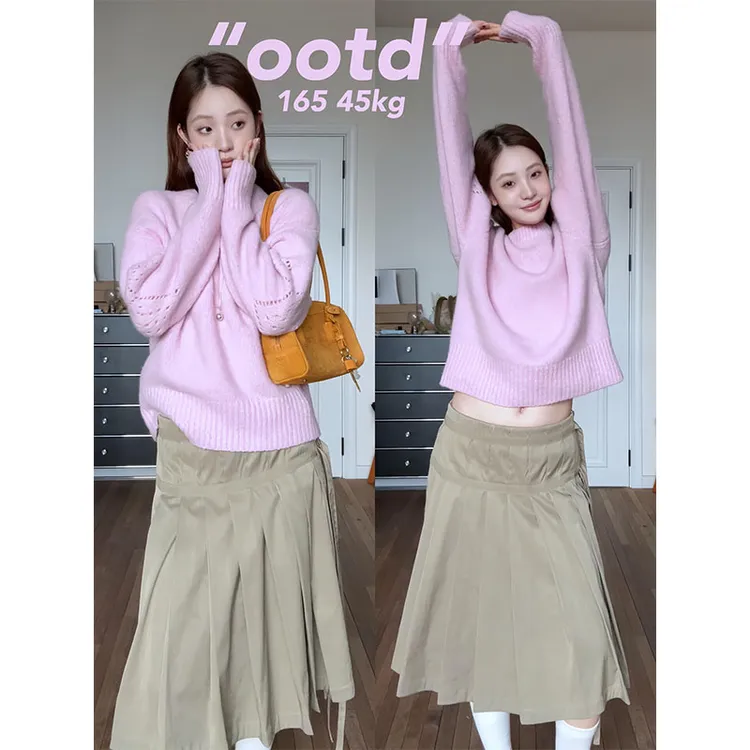 早秋穿搭一整套2025新款超好看纯色针织套头毛衣百褶半身裙两件套