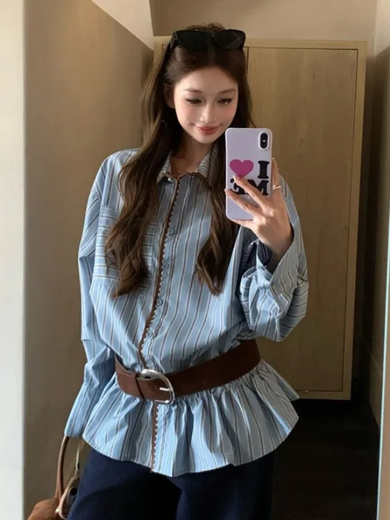 设计感撞色条纹长袖衬衫女早秋小众休闲宽松衬衣POLO领高级感上衣