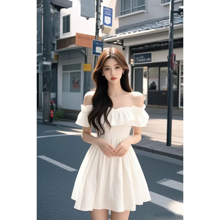 【现货】木耳边一字肩短袖连衣裙女温柔气质御姐范收腰显瘦A字短裙