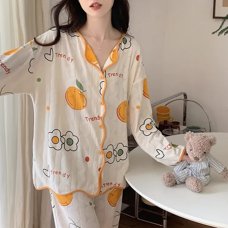 新款睡衣女长袖春季季翻领开衫套装宽松甜美可爱小清新女士家居服