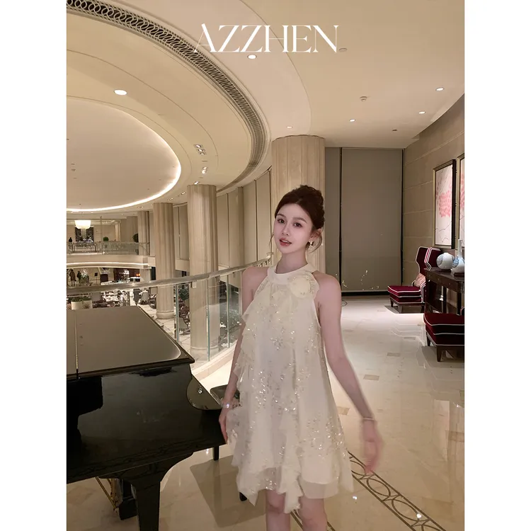 AZZHEN【琉璃月光】手工花朵胸针珠片挂脖雪纺连衣裙AZ4KOL10-00