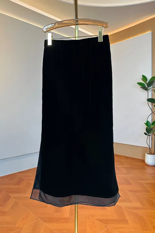 100%桑蚕丝真丝丝绒半身裙子百搭复古黑色显瘦开叉中长款直筒微胖