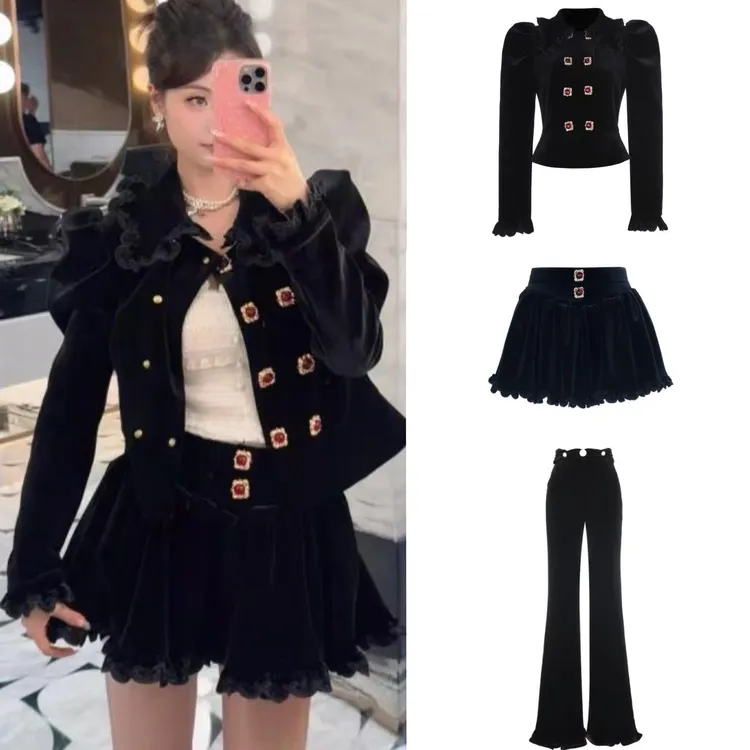 木子店黑色红宝石丝绒上衣半裙长裤