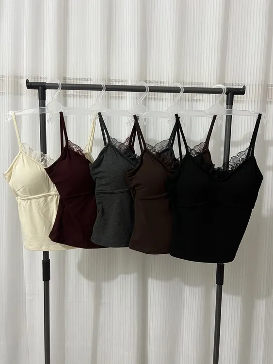 【高级仙】纯欲风磨毛保暖吊带蕾丝V领显瘦带胸垫打底内衣百搭美背