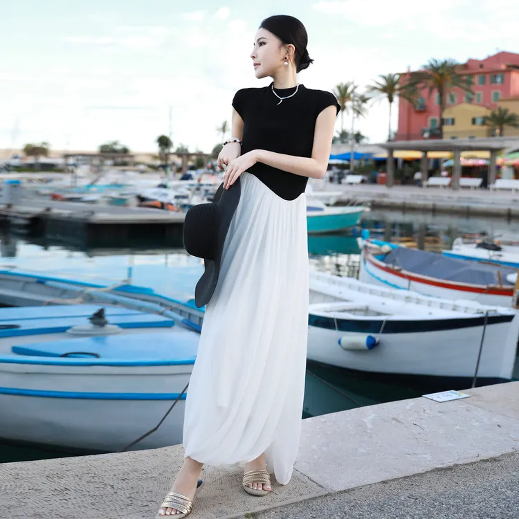 溶溶【云烟半落】RONGRONG 半高领剪裁撞色褶皱花苞连衣裙F26QL2002