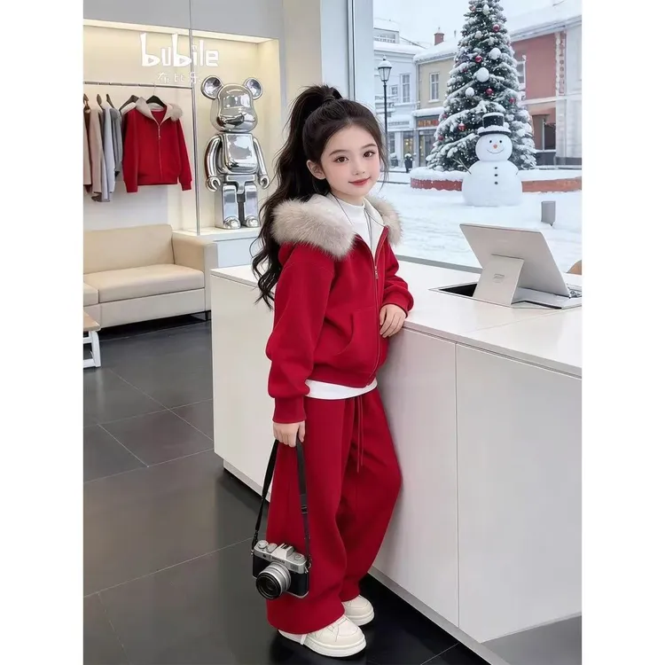 女童连帽套装2026新款秋冬加绒加厚红色喜庆外套阔腿裤两件套洋气