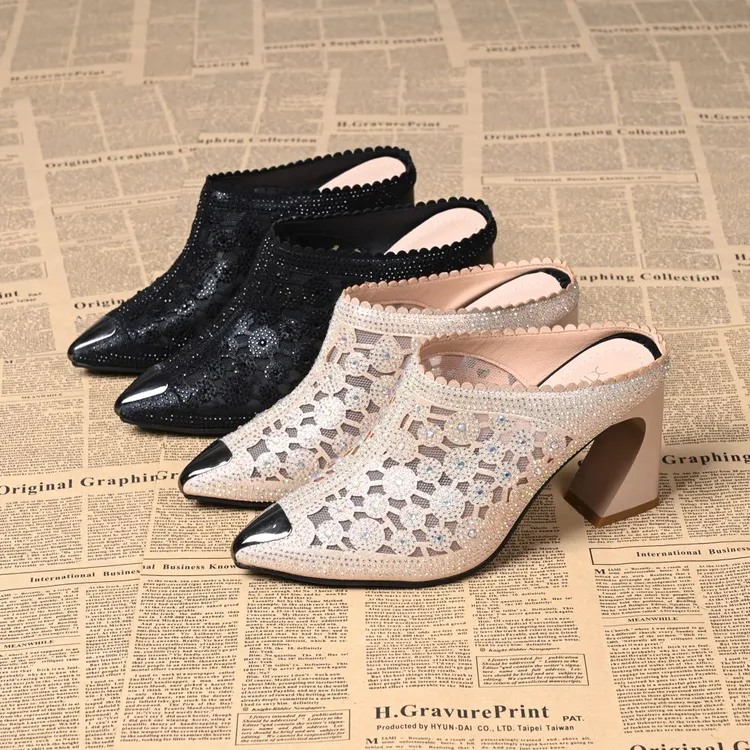 1网红新款凉鞋女粗跟透气高跟镂空网纱凉鞋百搭气质尖头舒适半拖