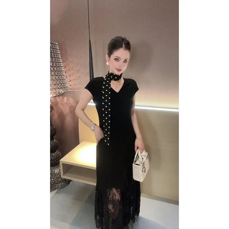 （特价配飘带）V领波点拼接蕾丝短袖连衣裙LYQ30733