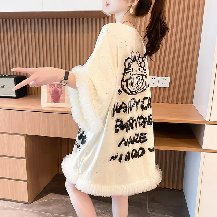 蕾丝网纱拼接纯棉短袖连衣裙女夏季新款韩版宽松遮肉减龄t恤裙ins