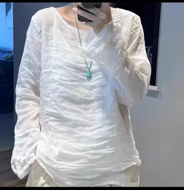 夏季薄款纯色宽松苎麻圆领防晒长袖衬衫时尚均码显瘦