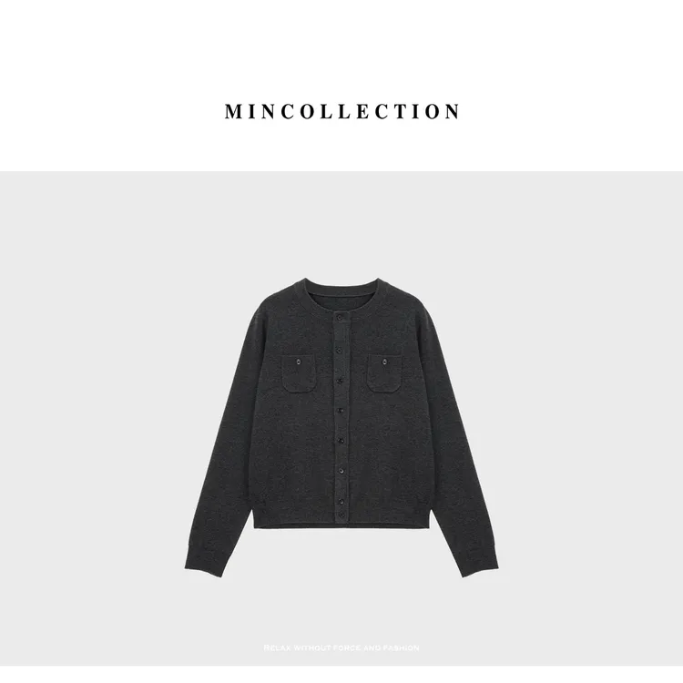 DE Mincollection口袋灰开衫/羊毛混纺老钱圆领排扣开衫55925 