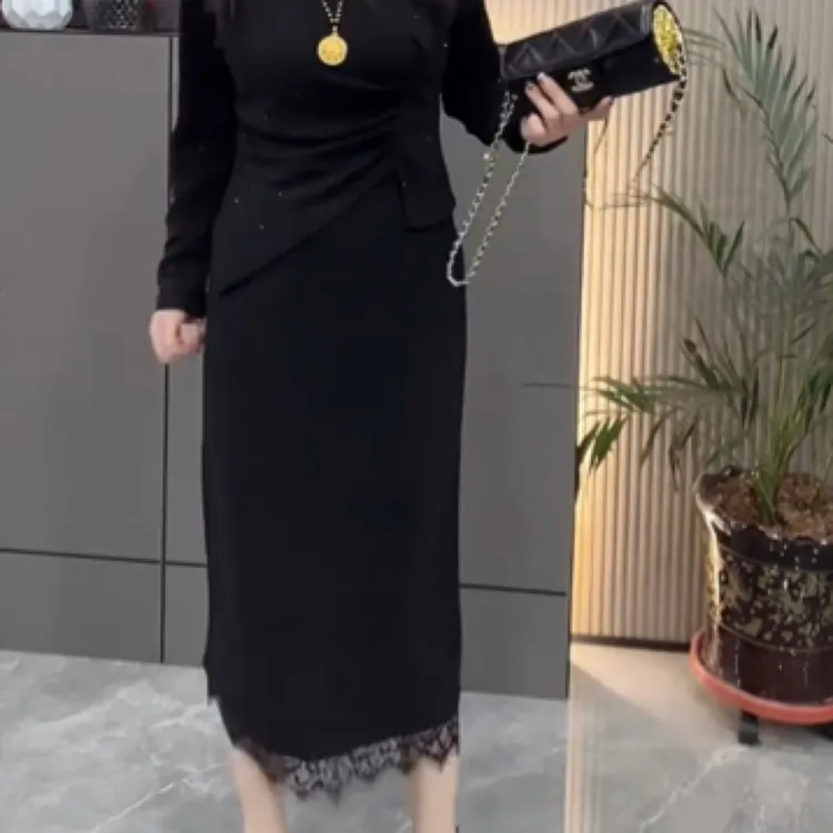 新款时尚后开衩蕾丝花边长款半身裙