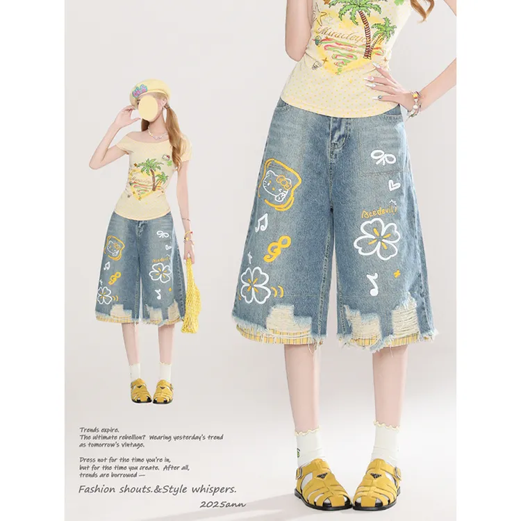 美式假两件设计感宽松牛仔短裤女夏季格子涂鸦破洞印花阔腿七分裤