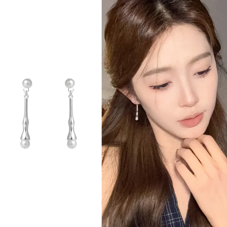 铜合金仿珍珠耳饰  高级感金属水滴珍珠耳环气质前后式耳饰