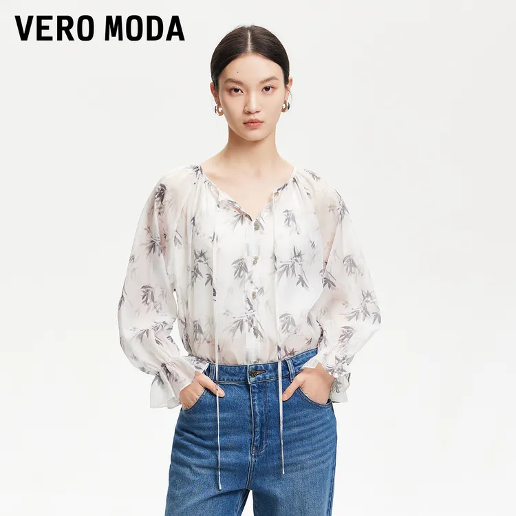 Vero Moda衬衫女2025夏季新款飘带设计竹子印花国风衬衫325205003