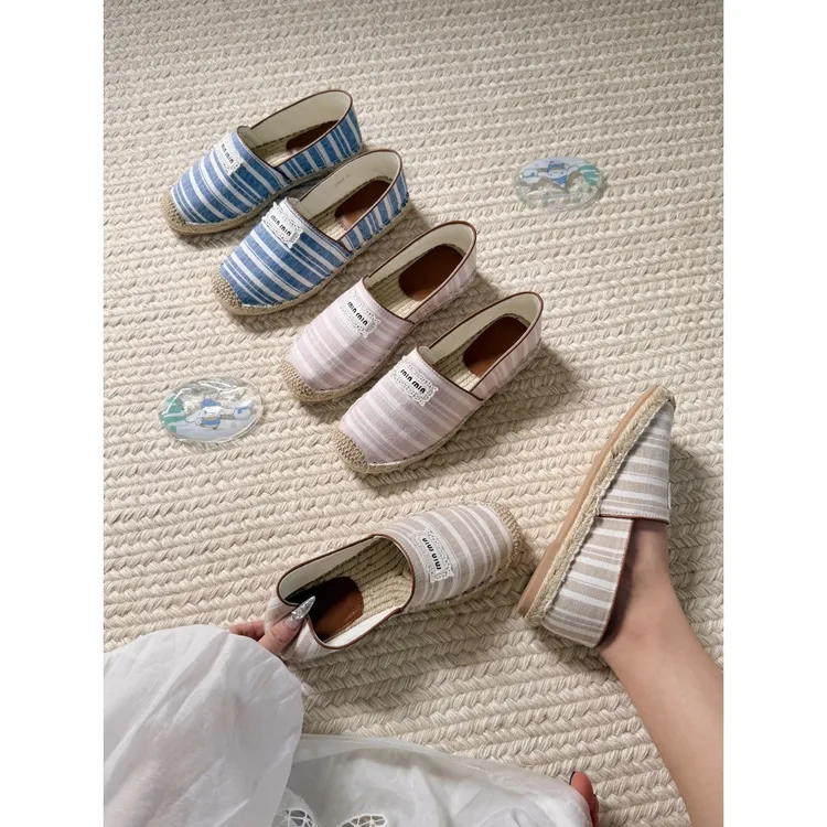 航海度假风渔夫鞋女 条纹帆布蕾丝标草编底 2026春夏新款透气单鞋