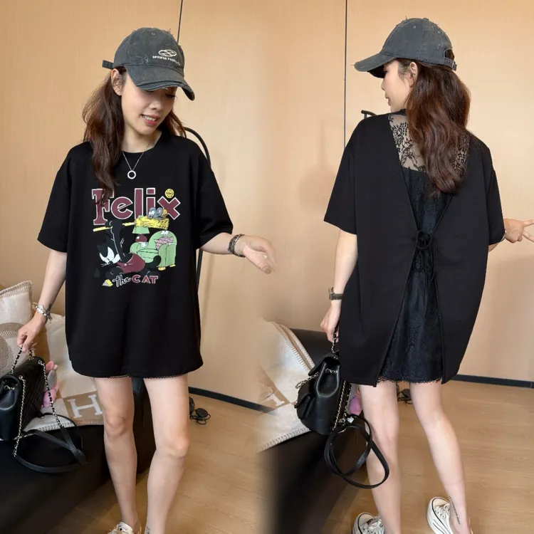 二姐的宝藏夏季新款韩系设计感卡通字母圆领短袖拼接上衣#25135