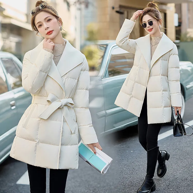 米白色羽绒服女中长款修身系带25冬季新款长袖翻领保暖白鸭绒外套