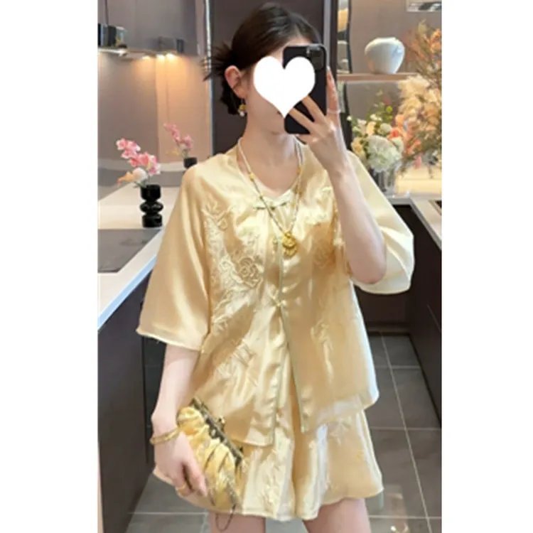 新中式气质贵气感提花防晒衬衫短裤女装2025夏季新款休闲高级套装