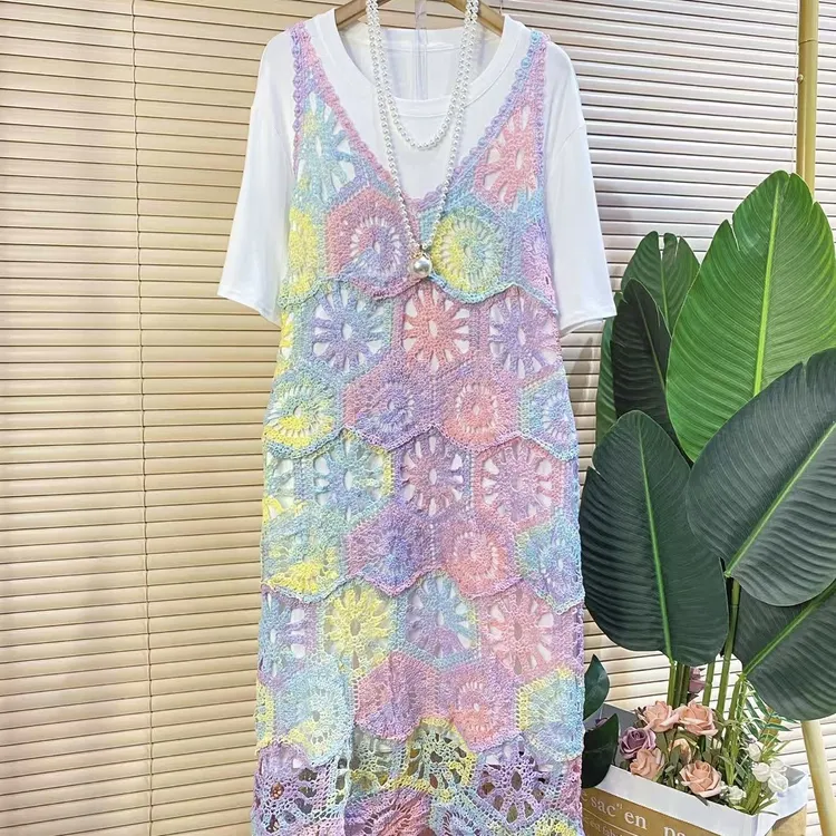 P欧货时尚新款洋气蕾丝镂空无袖针织连衣裙套装