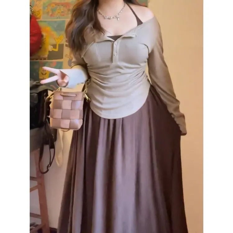 A25纯欲性感气质春秋女显瘦两件套装收腰长袖上衣吊带连衣裙