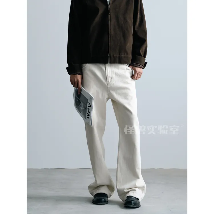 怪兽实验室新款杏白色赛络纺棉籽壳时尚百搭直筒微锥休闲牛仔裤