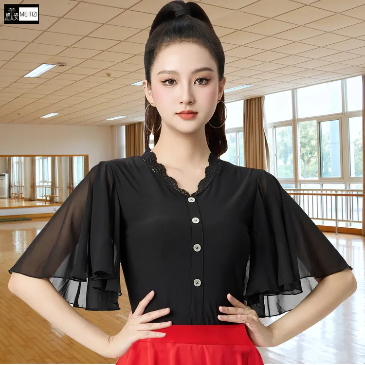 2025新款摩登舞上衣女V领荷叶袖高级拉丁国标交谊广场舞舞蹈服装