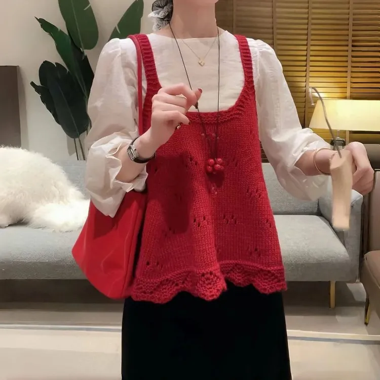 2025早秋新款韩版镂空减龄针织吊带背心内搭长袖衬衫上衣两件套装