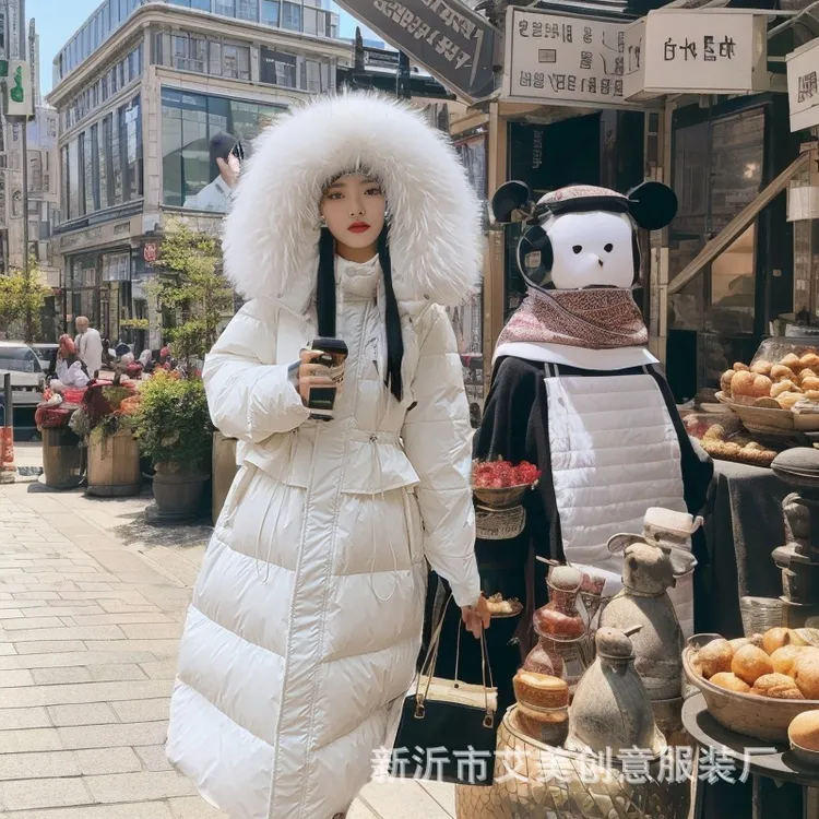 冬季羽绒服粉色90白鸭绒女生加长款可拆卸貉毛毛领腰连帽外套保暖