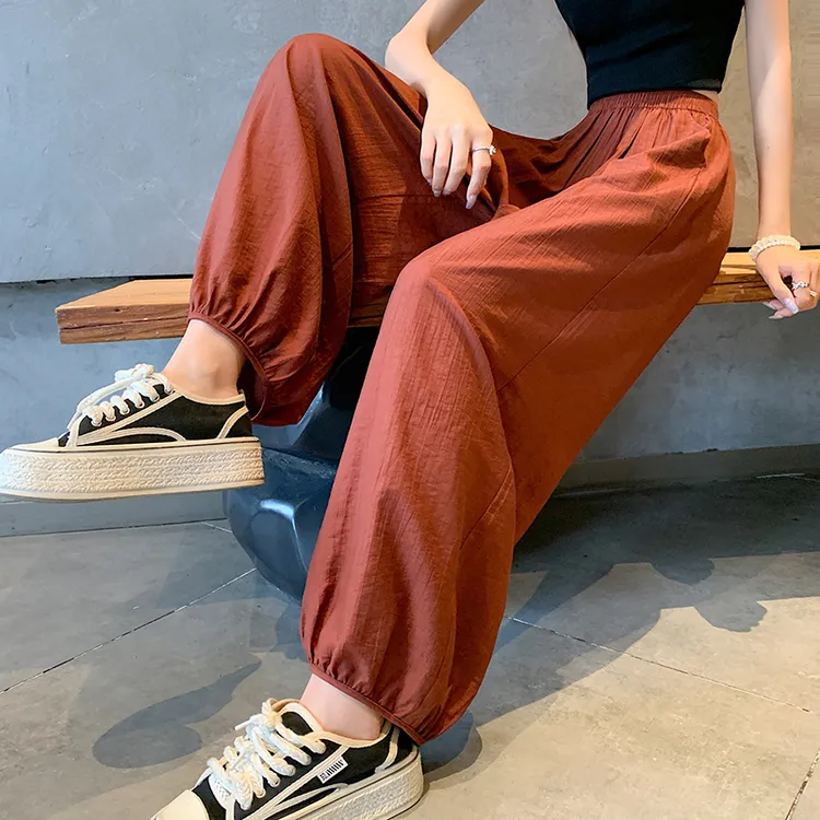 拉夏贝尔红色裤子女款秋季宽松休闲灯笼裤显瘦九分哈伦冰丝山本裤