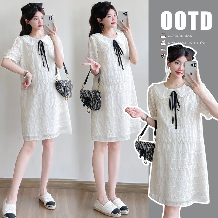 时髦孕妇夏2025夏季新款法式甜美可爱白色娃娃领小个子孕妇连衣裙