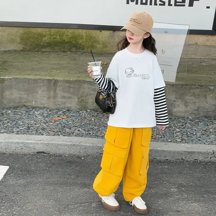 女童春装工装裤套装2025新款假两件女童长袖T恤儿童装春秋两件套