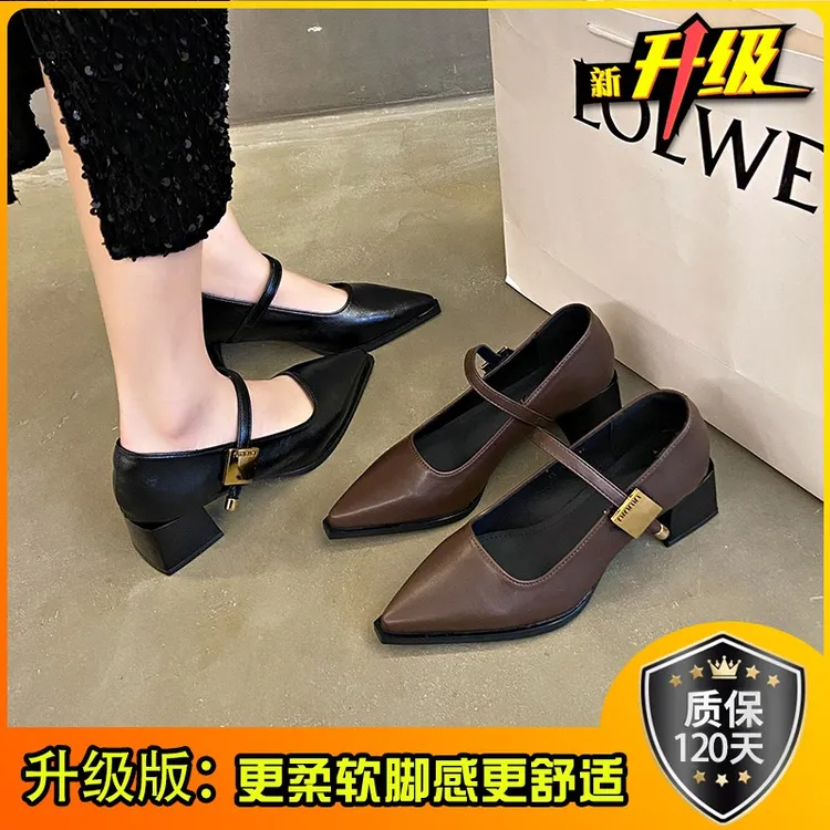 2025新款韩版玛丽珍薄款修面皮粗跟单鞋浅口复古中跟夏季百搭方头